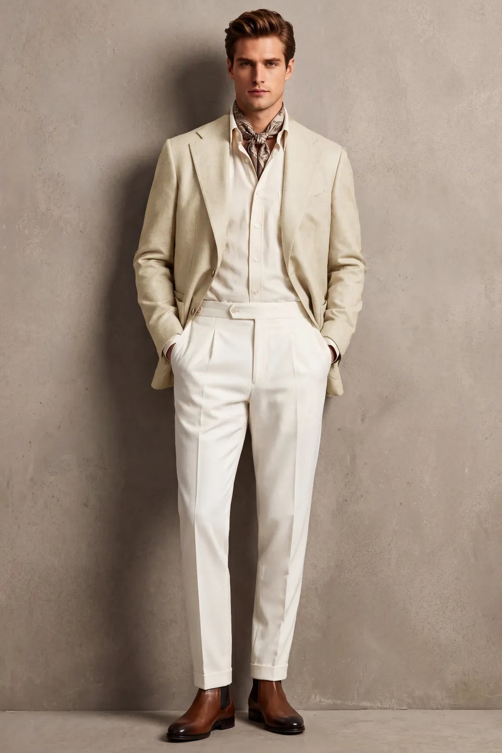Men's Light Beige Linen Blend Wide Notch Lapel 2 Piece Suit