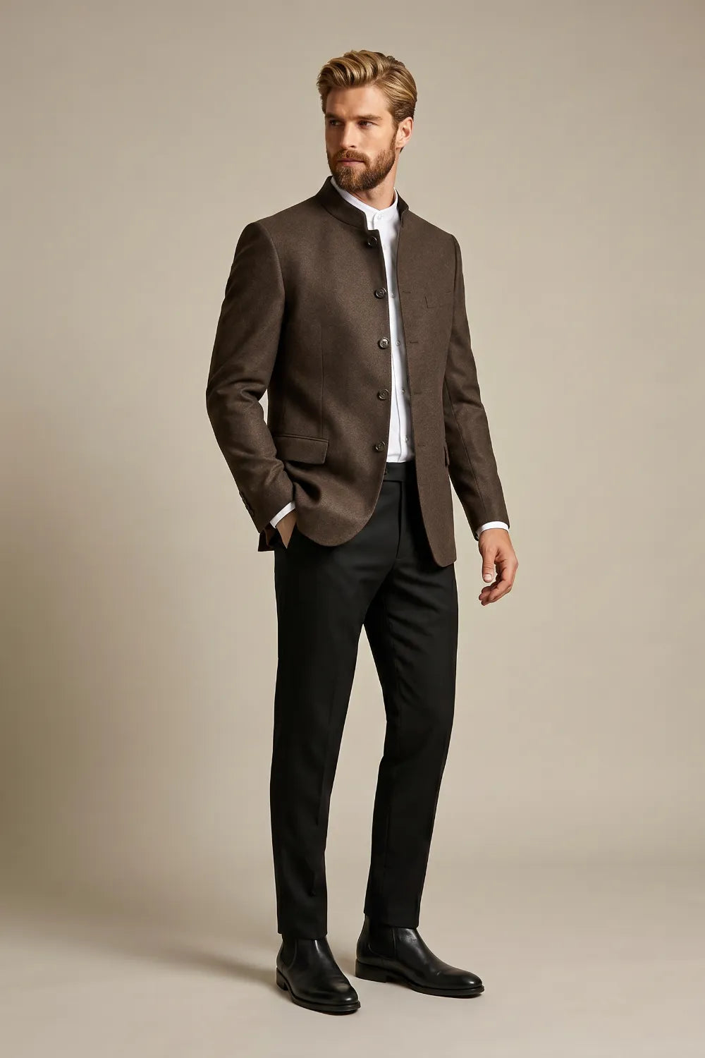 brown dress jacket men Men's Dark Mandarin Collar Single Breasted Blazer Zelda Blue Dress - fall 2025 drop 1 A perfect midtone brown Size:15M ($+10)