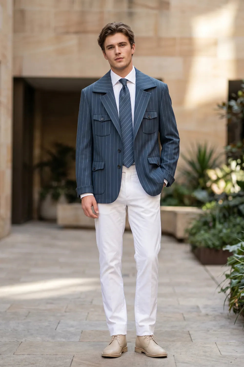 Men's Modern Pinstripe Safari 2 Piece Suit
