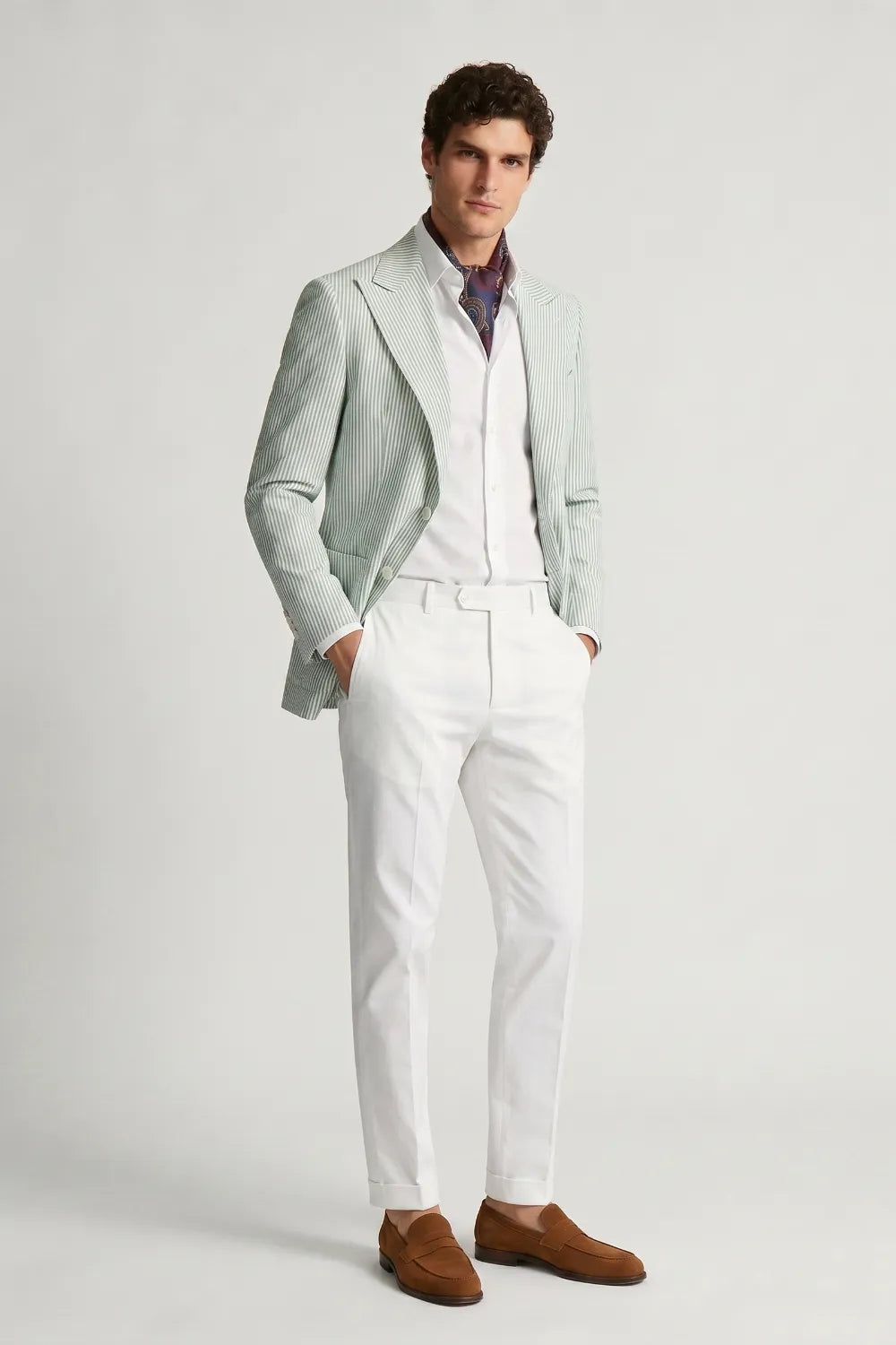 Men's Sage Green Striped Peak Lapel Seersucker Blazer