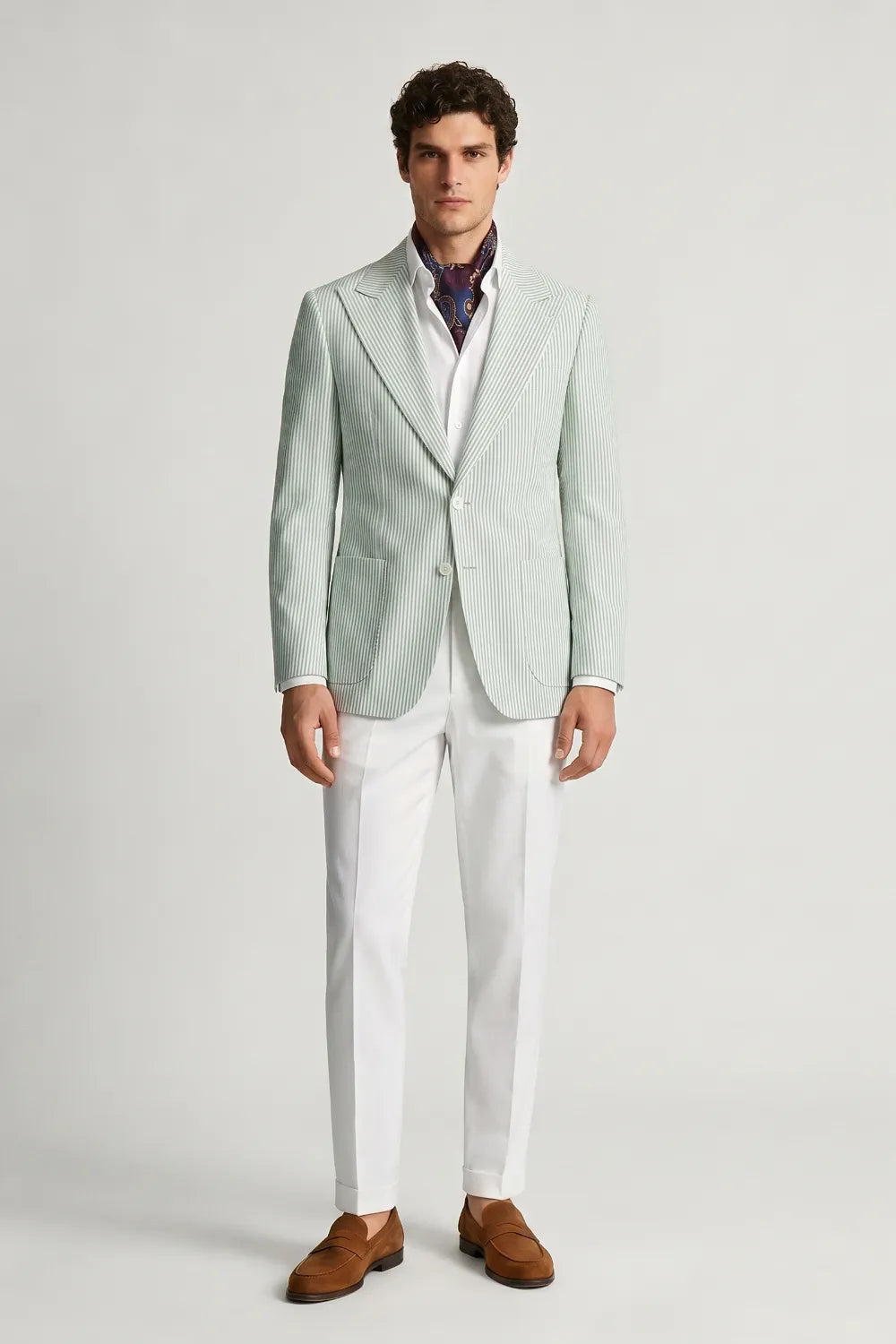 Men's Sage Green Striped Peak Lapel Seersucker Blazer