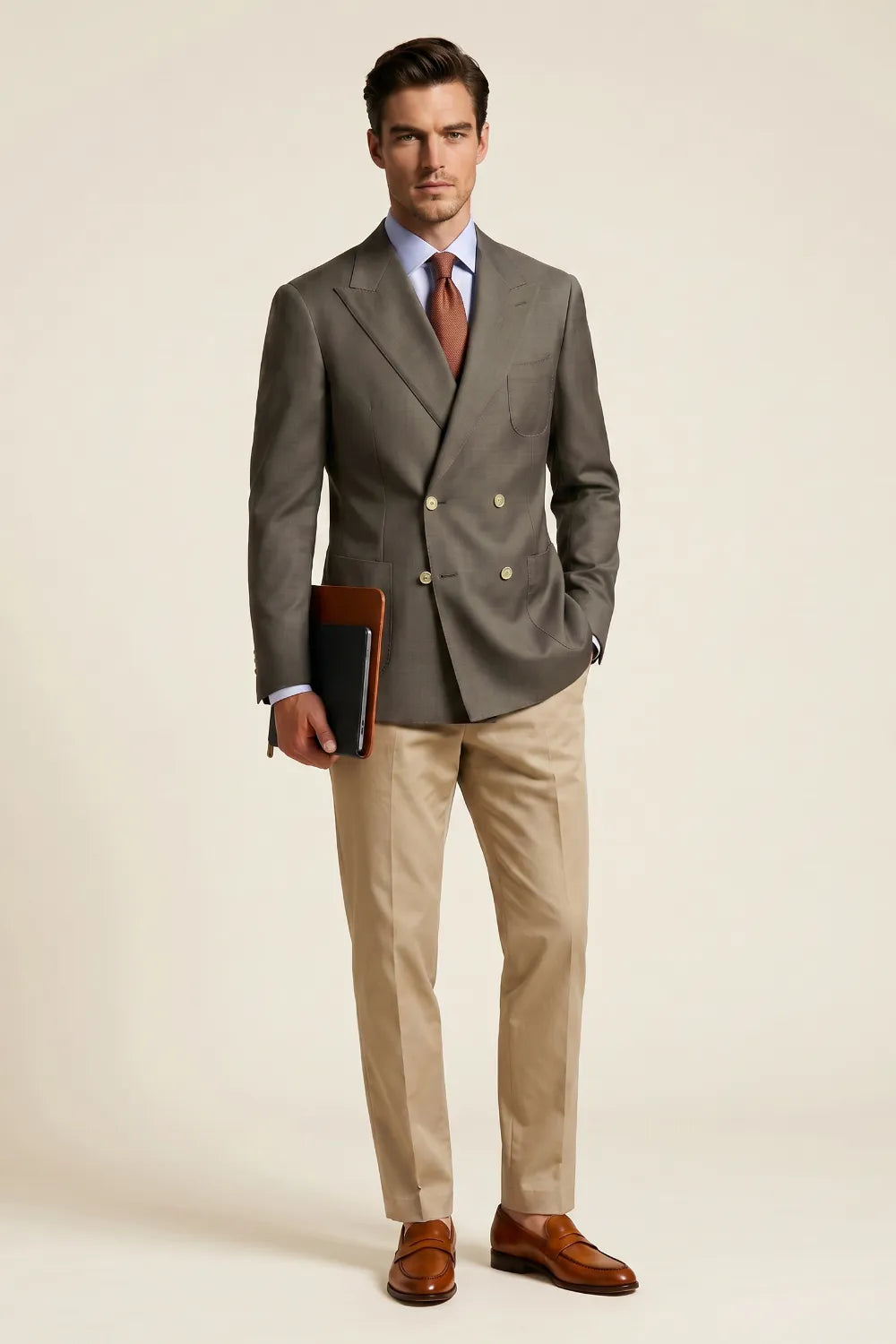 Men's Taupe Double Breasted Wide Peak Lapel 2-Piece Suit
