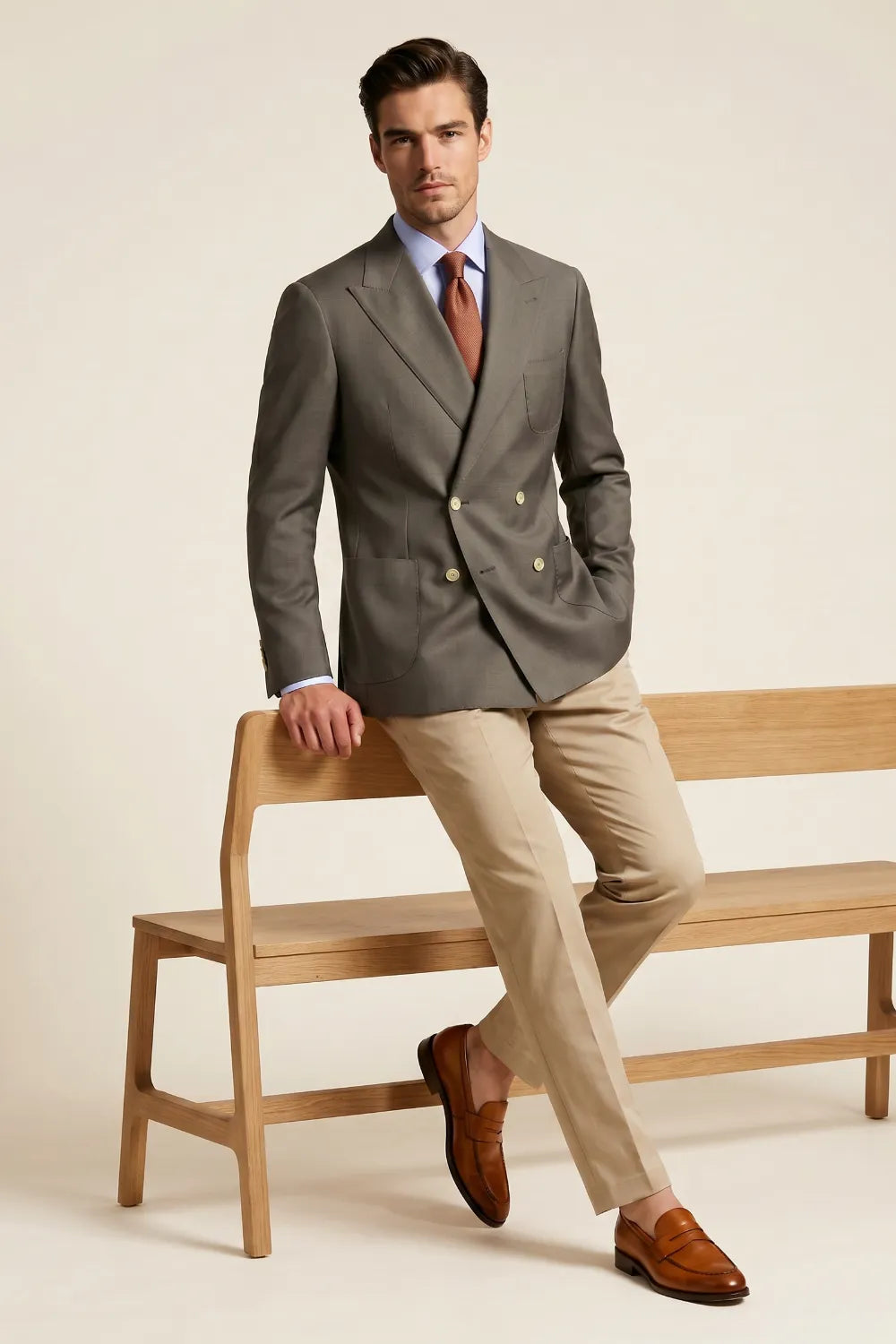 Men's Taupe Double Breasted Wide Peak Lapel 2-Piece Suit