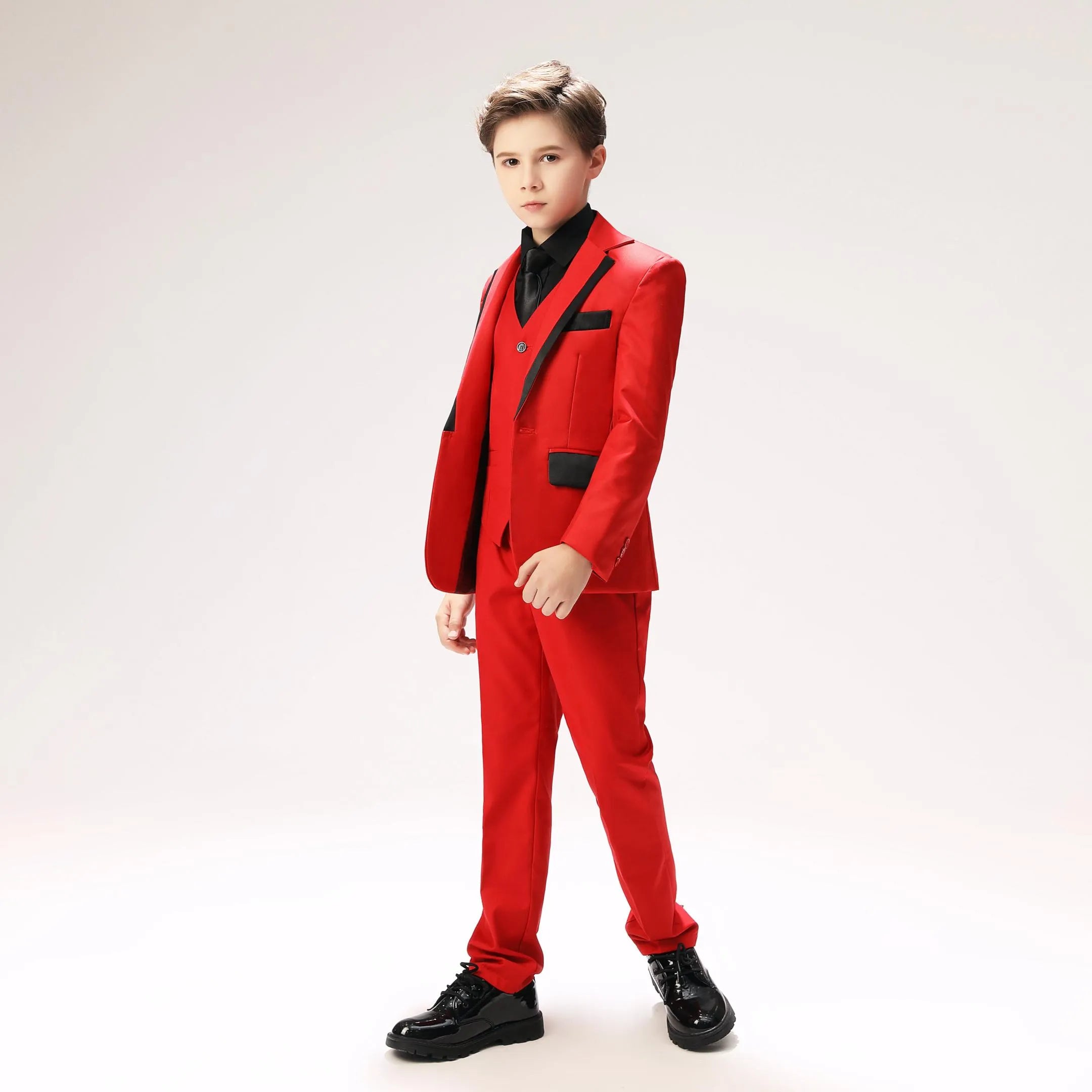 Wehilion holiday boys suit 5-piece in red with stylish black accents for special occasions