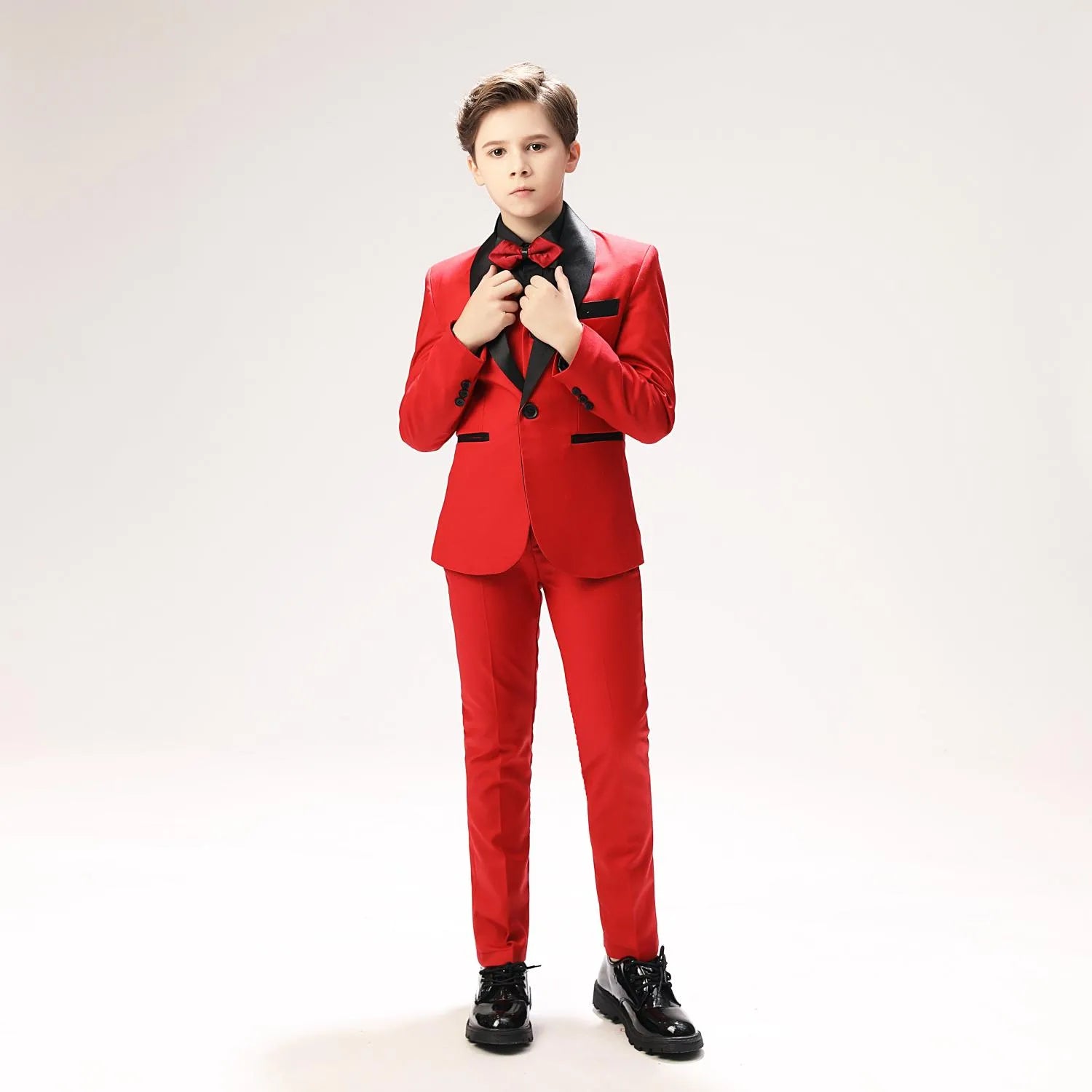 Red toddler tuxedo with burgundy bow tie 5-piece prom outfit