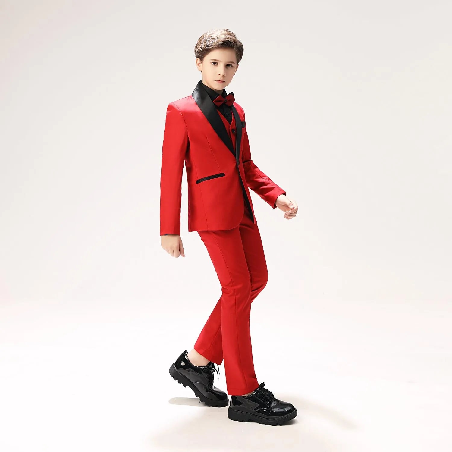 Red toddler tuxedo walking pose 5-piece prom outfit with black satin lapel & bow tie