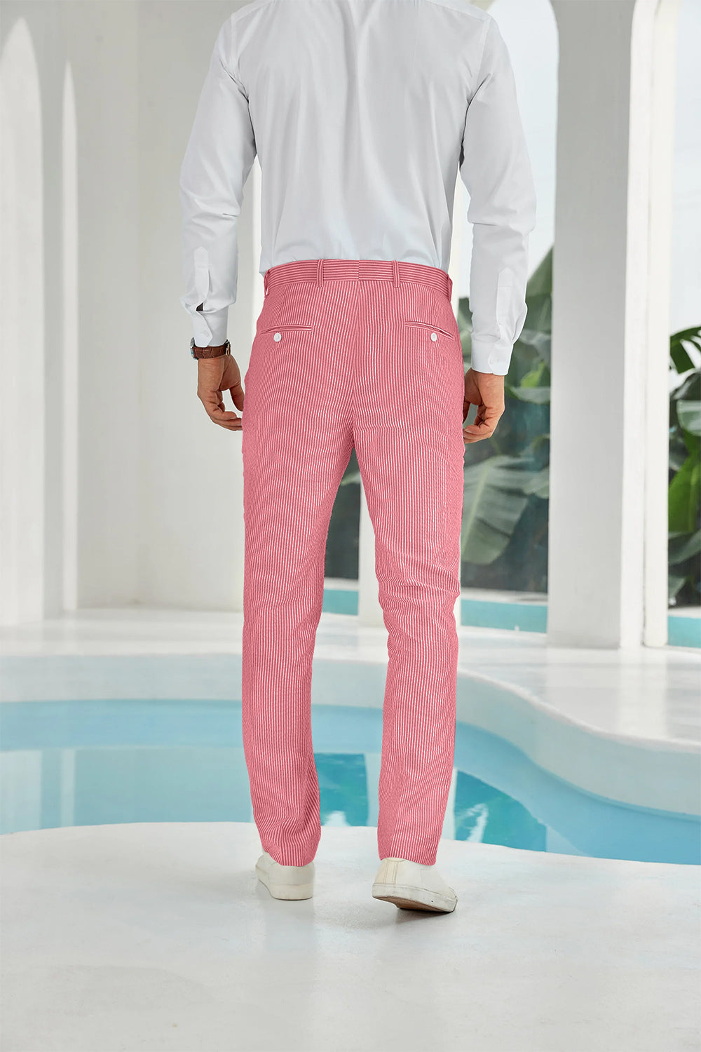 Back view showing rear pockets on red striped seersucker pants