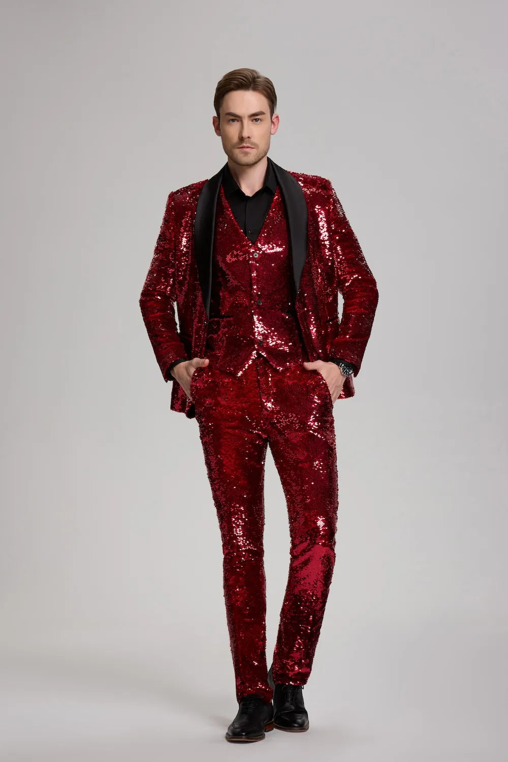 Men's red sparkle 3-piece tuxedo suit set with blazer, vest, and pants for prom & gala events.