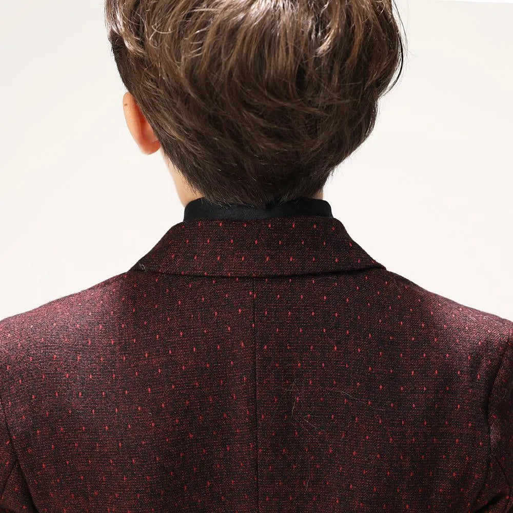 Burgundy boys' blazer back: Red polka dot pattern with black collar, formal party suit detail