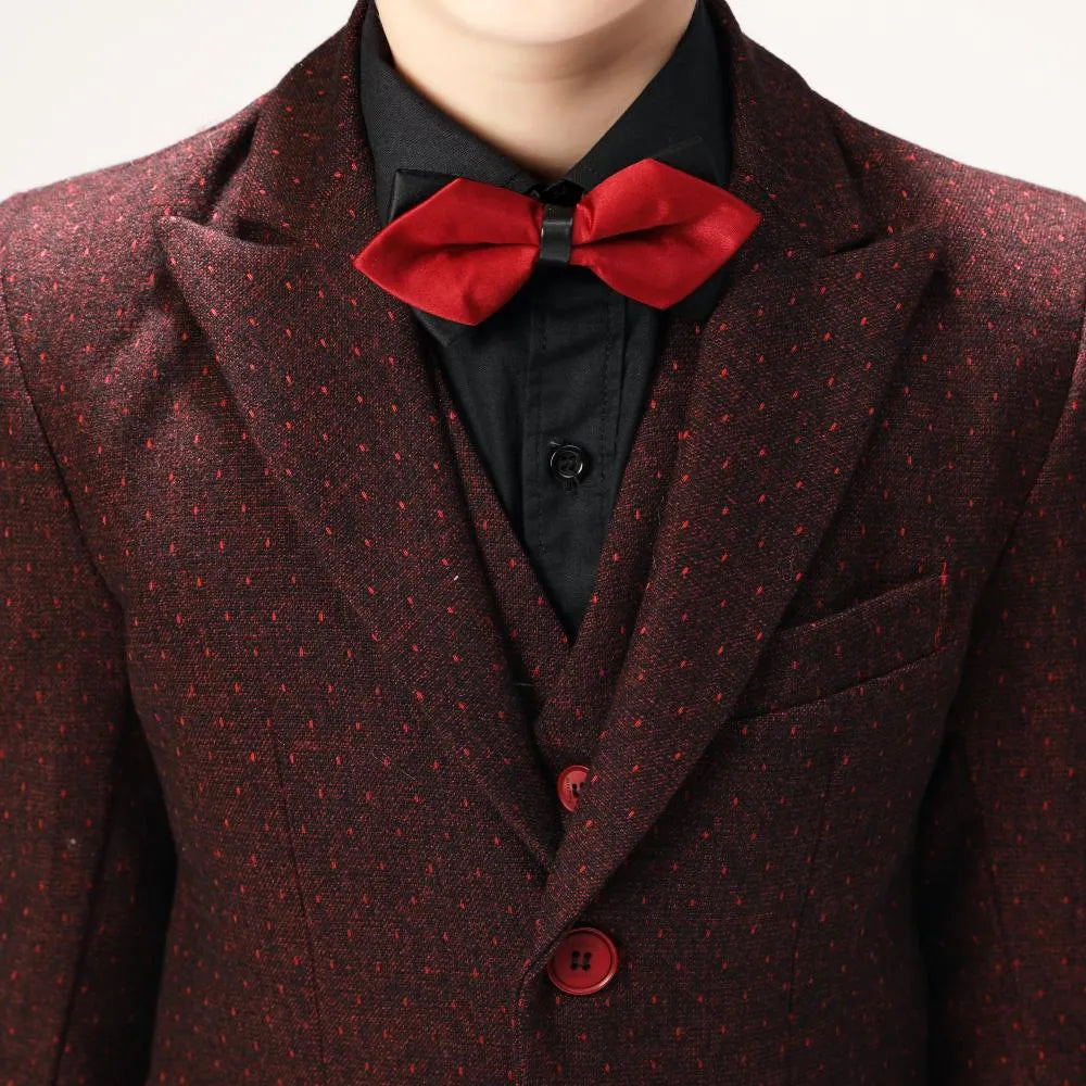 Burgundy boys' suit collar detail: Red polka dots, red bowtie & black shirt for party banquets