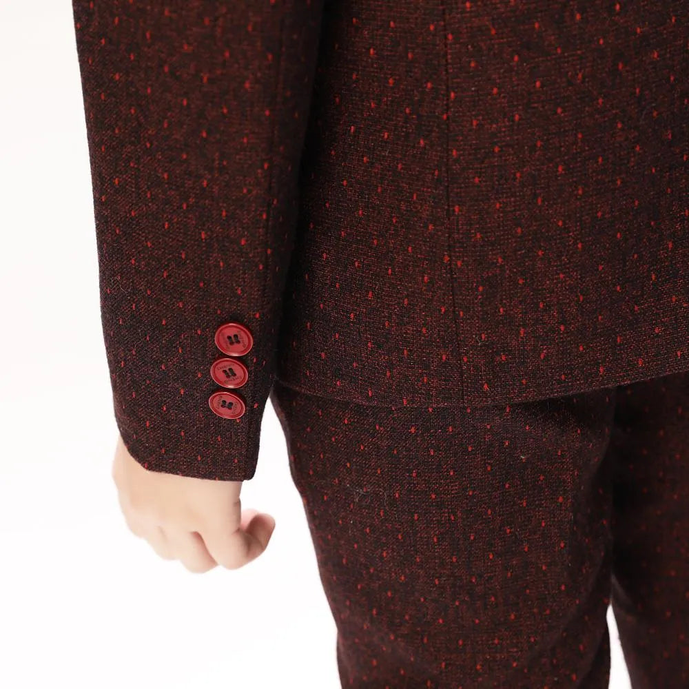 Burgundy boys' blazer cuff detail: Red polka dots with three red buttons for party banquets