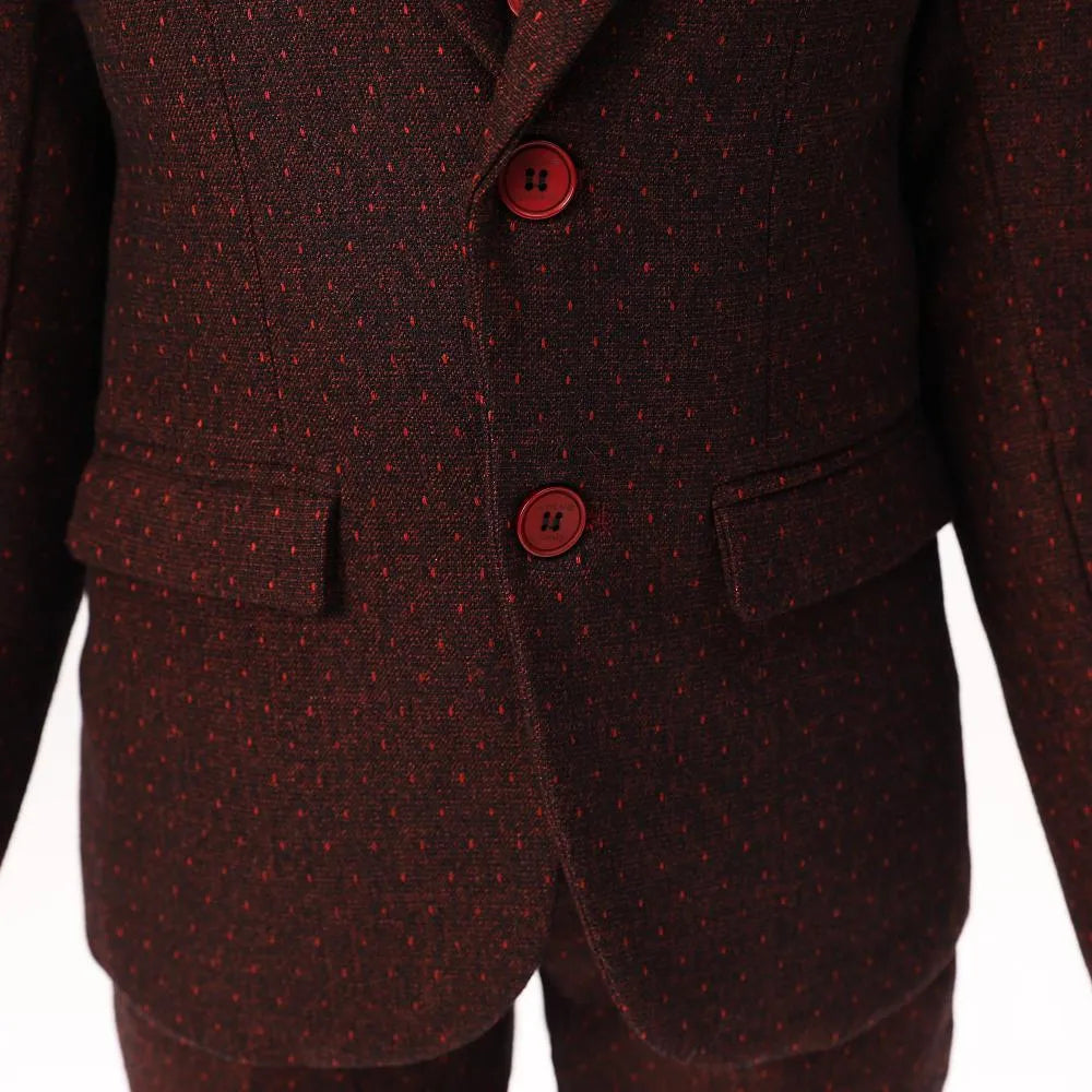 Burgundy boys' blazer detail: Red polka dot fabric with matching red buttons & welt pockets, formal party wear
