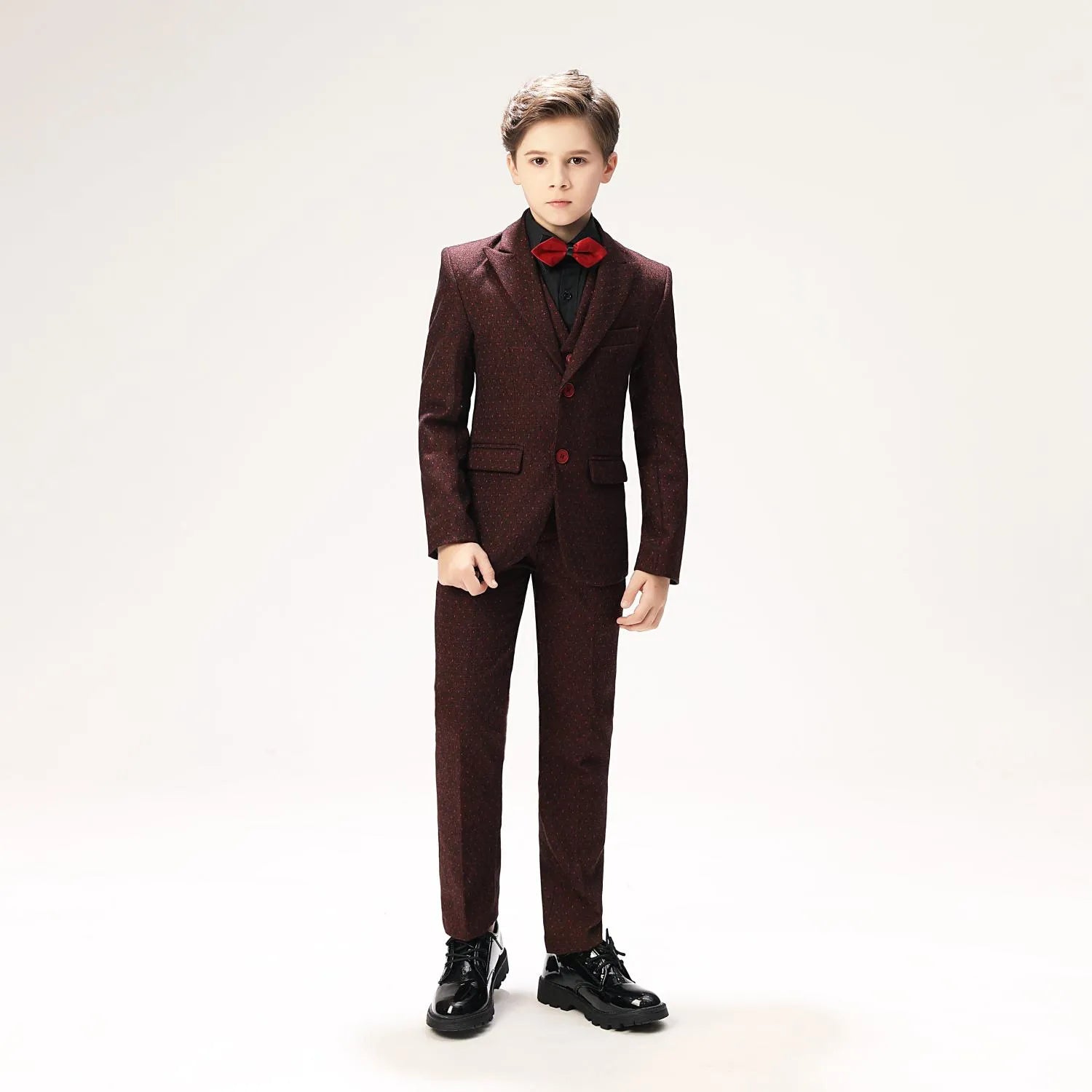 Burgundy red polka dot boys' suit: Formal 5-piece set with red bowtie & buttons, banquet party wear
