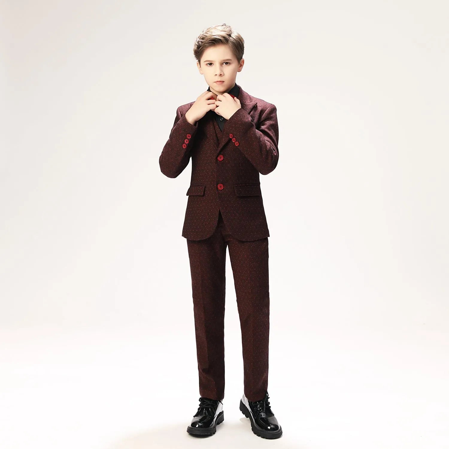 Burgundy red polka dot boys' suit: Formal blazer with red buttons & bowtie, banquet party attire