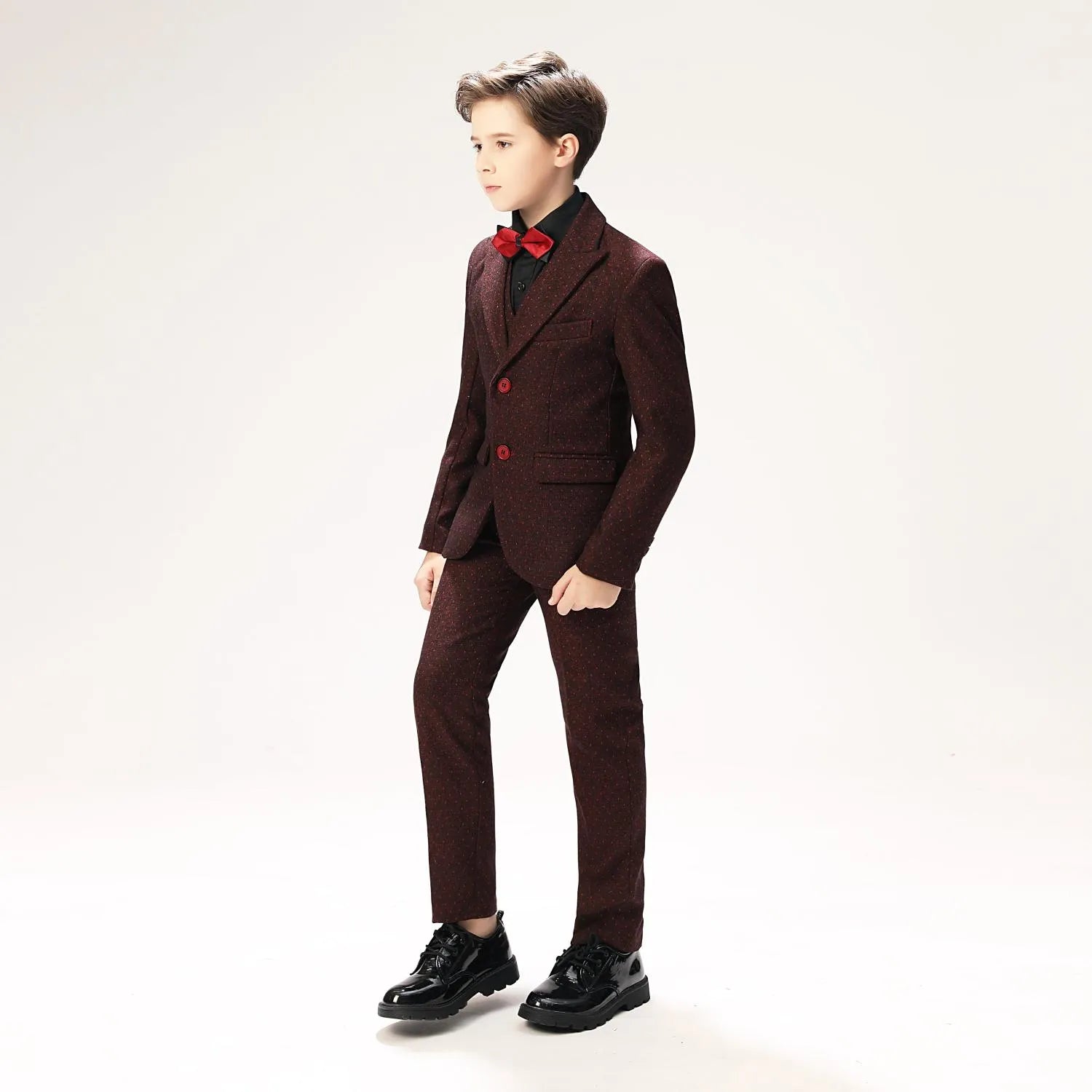 Burgundy red polka dot boys' suit: Slim fit blazer with red buttons, matching trousers & bowtie for banquets