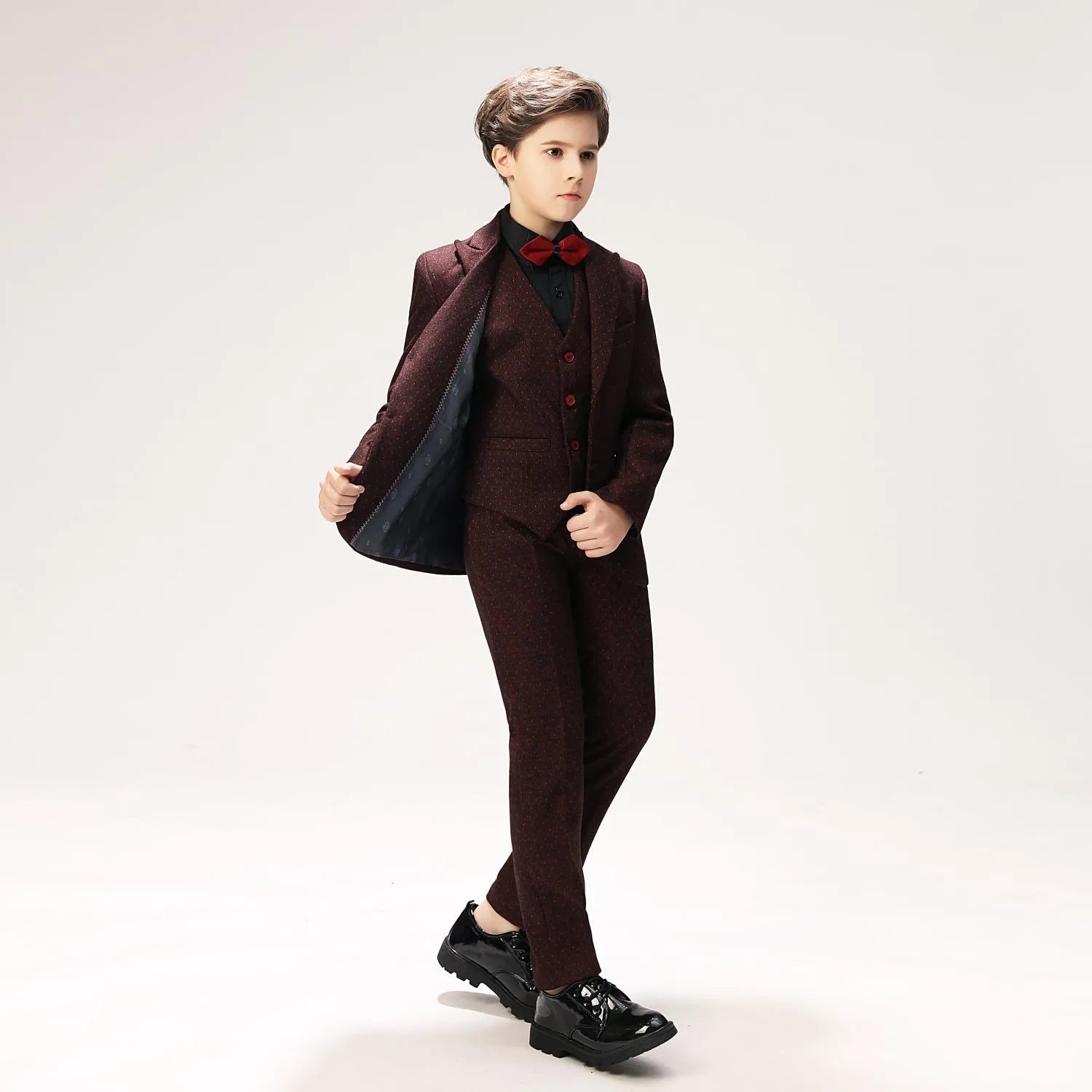 Burgundy red polka dot boys' suit: Blazer with blue lining, red bowtie & formal vest for banquets