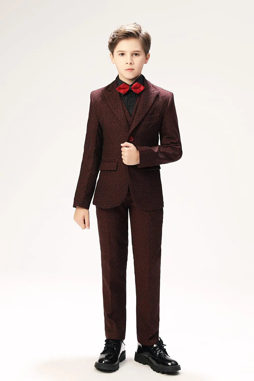 Burgundy red polka dot boys' 5-piece suit: Party banquet formal wear with red bowtie & black shirt
