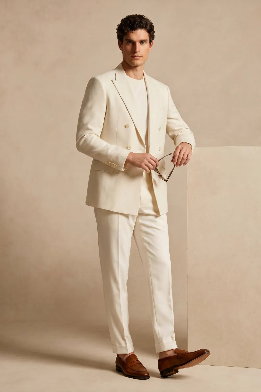 Men's Cream Double Breasted Peak Lapel Linen Blend 2 Piece Suit