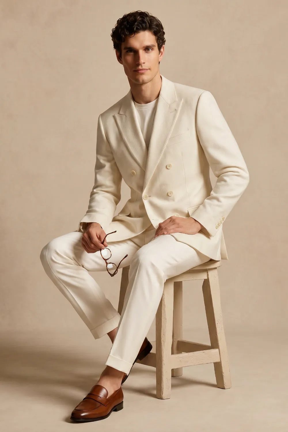 Men's Cream Double Breasted Peak Lapel Linen Blend 2 Piece Suit