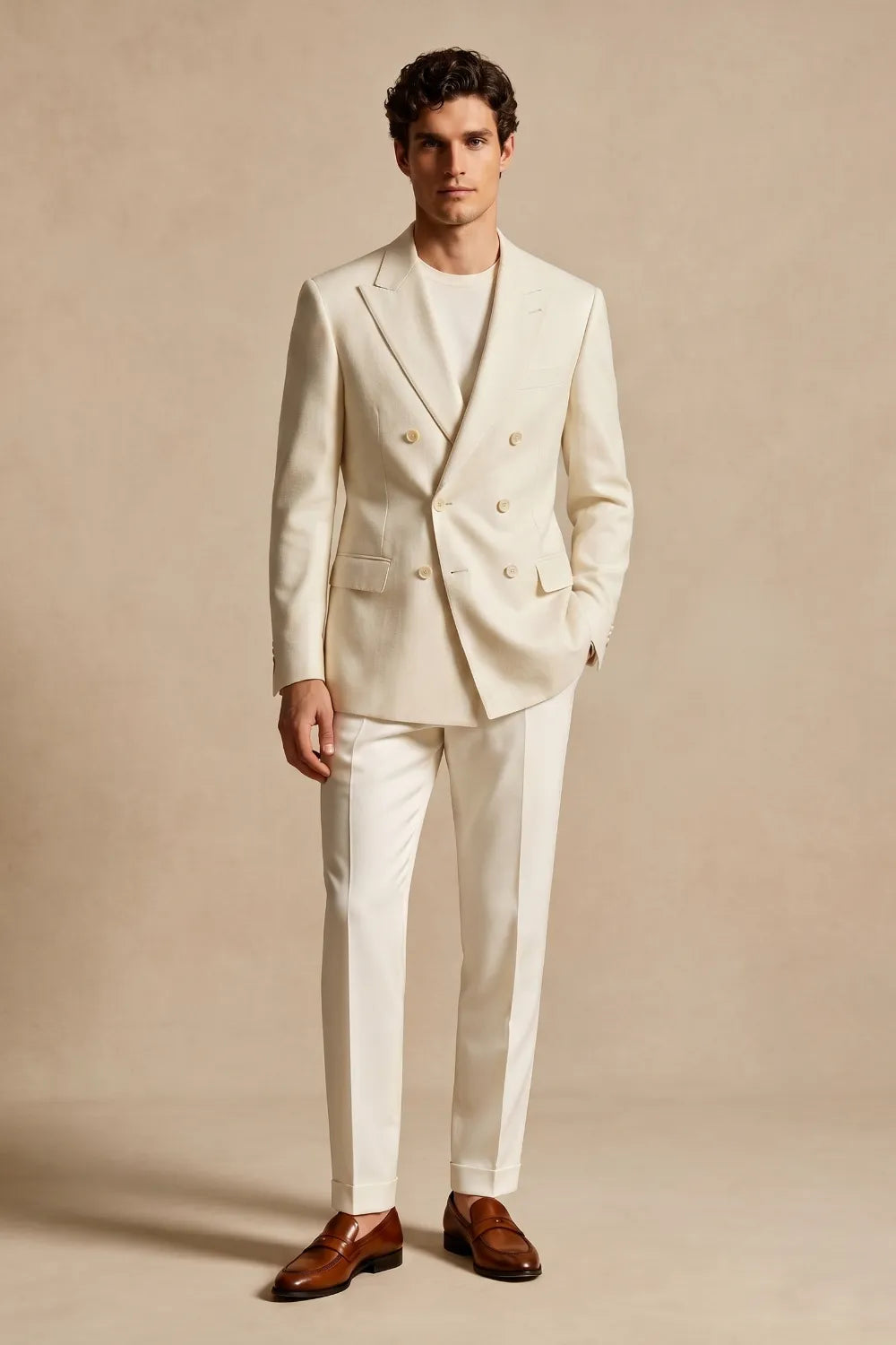 Men's Cream Double Breasted Peak Lapel Linen Blend 2 Piece Suit