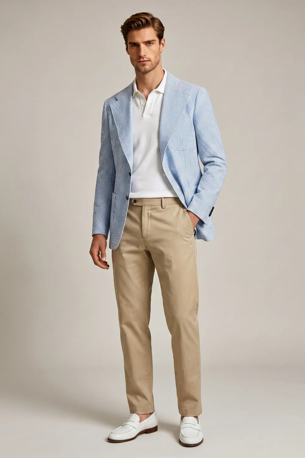 Men's Light Blue Striped Seersucker Notch Lapel 2 Piece Suit