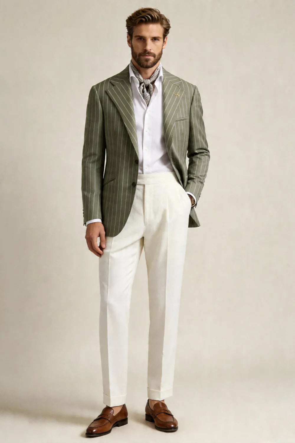 Men's Sage Green Pinstripe Notch Lapel 2 Piece Suit