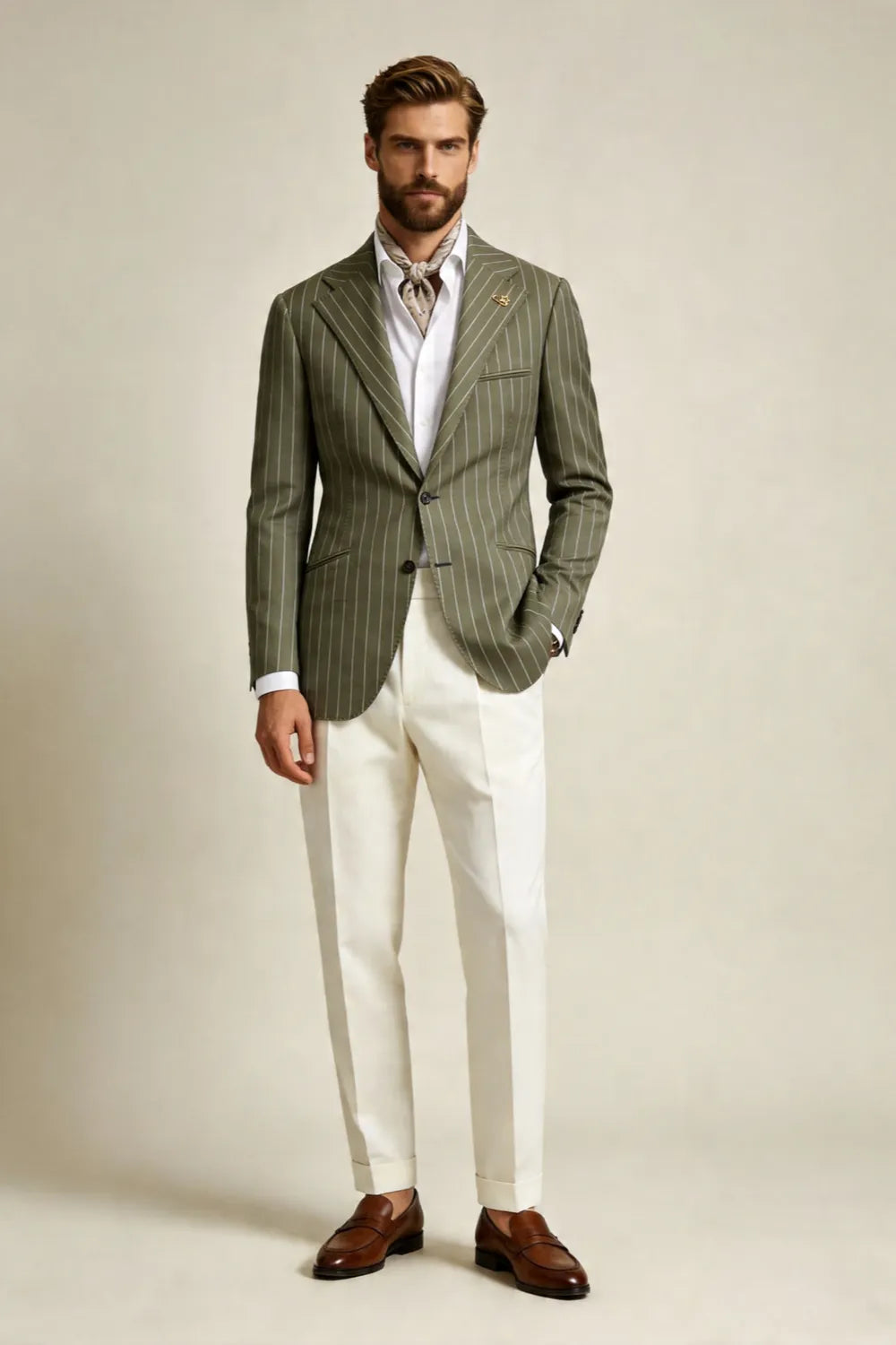 Men's Sage Green Pinstripe Notch Lapel 2 Piece Suit