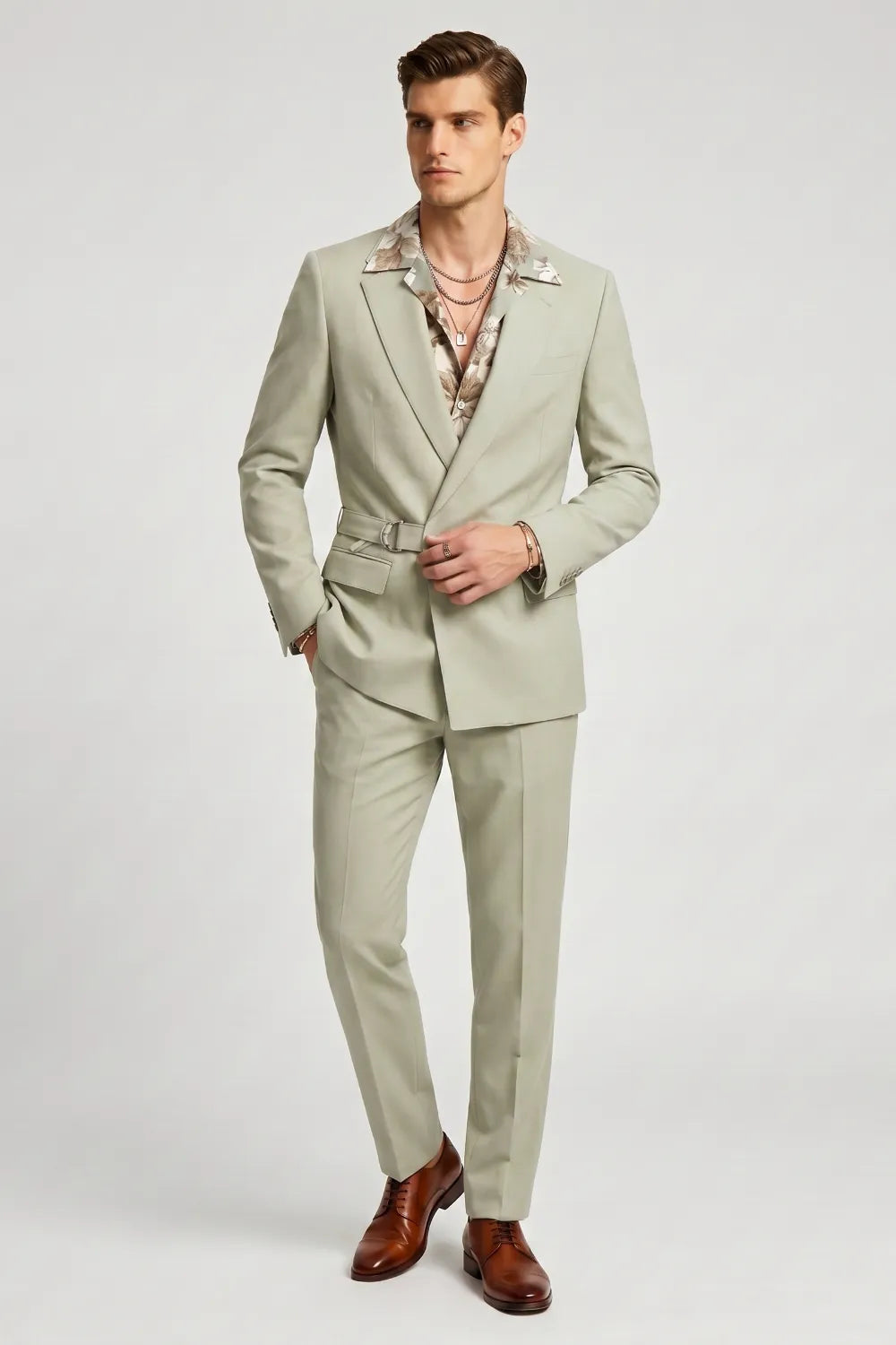 Men's Sage Green Asymmetrical Belted Suit