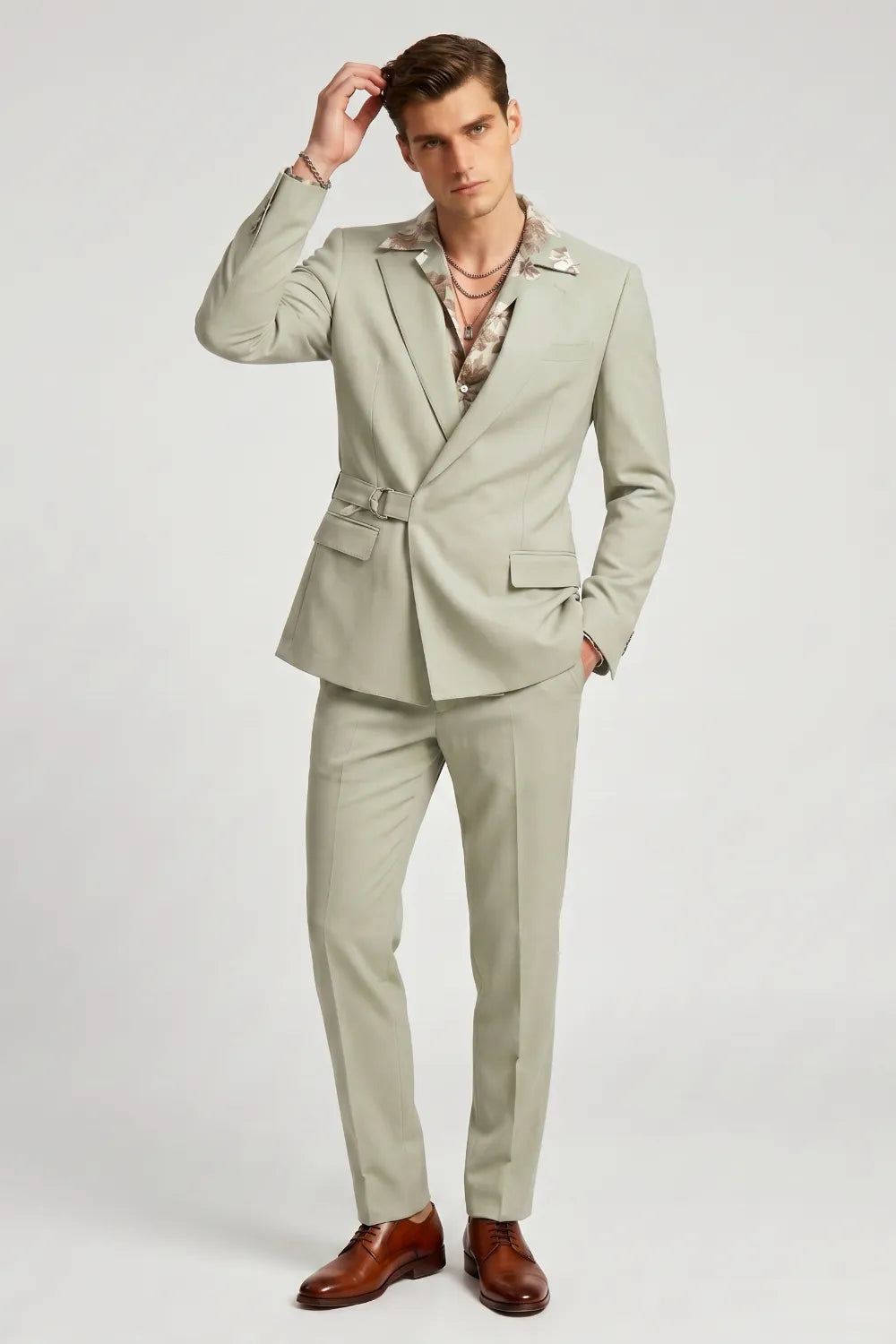 Men's Sage Green Asymmetrical Belted Suit