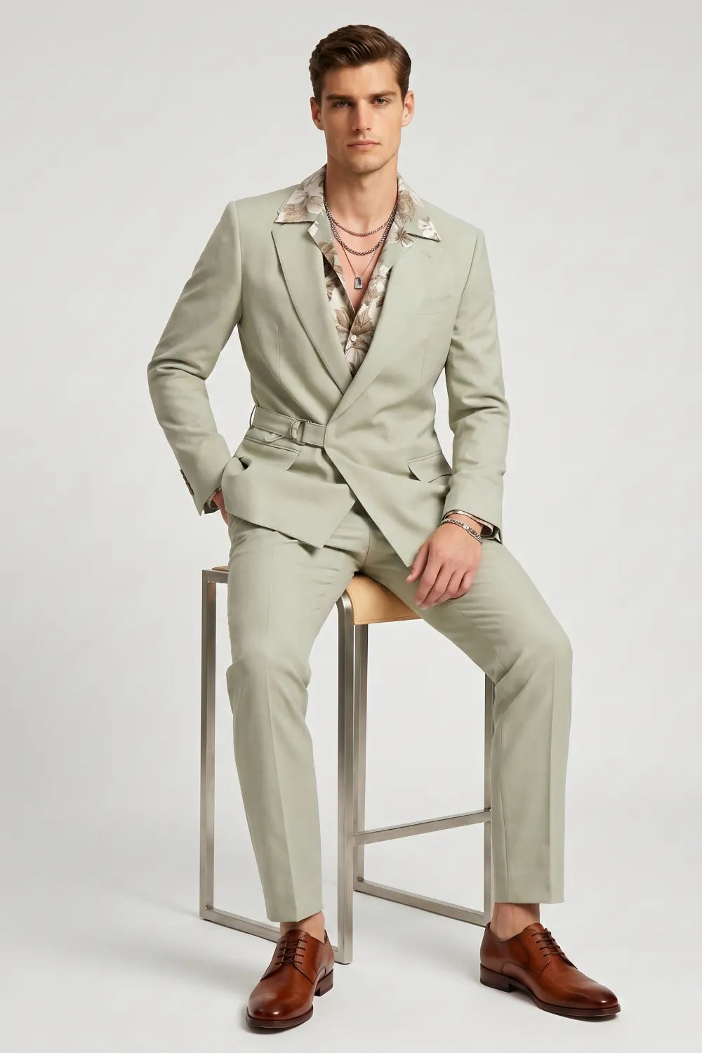 Men's Sage Green Asymmetrical Belted Suit