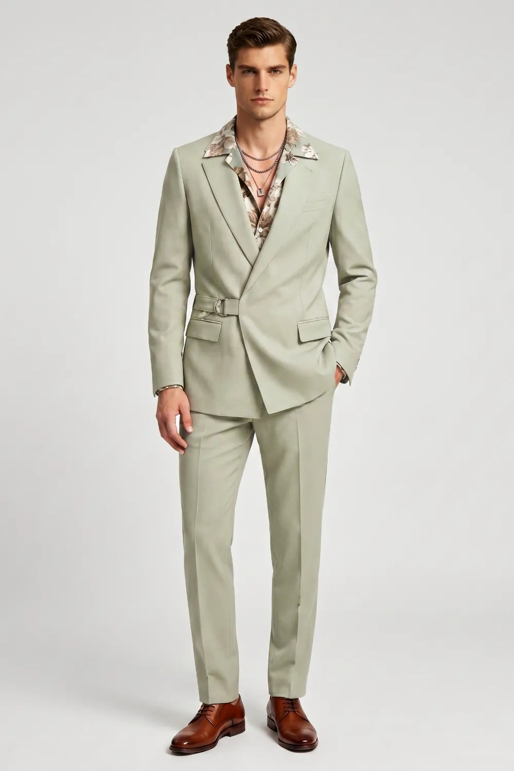 Men's Sage Green Asymmetrical Belted Suit