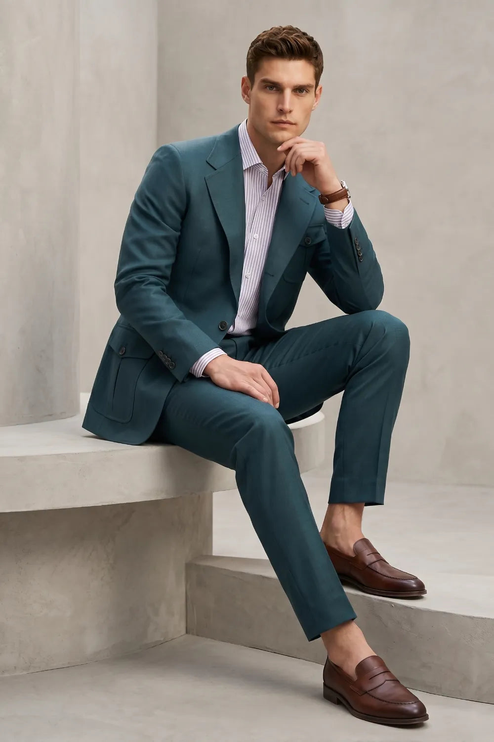 Men's Teal Slim Fit 2-Piece Safari Suit