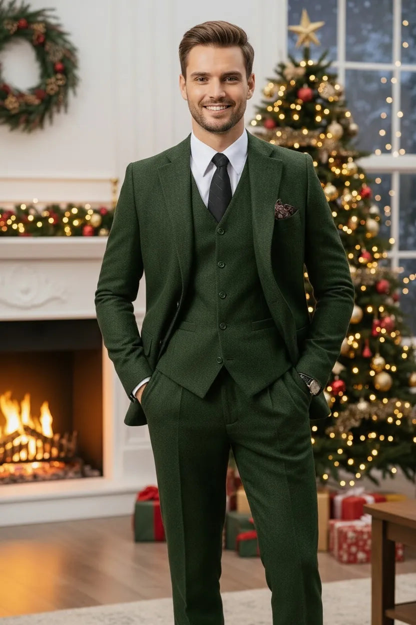 Men's Modern Holiday Tweed Herringbone 3 Piece Suit