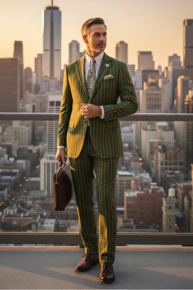 Men's Italian Fit Green Striped 2 Piece Suits
