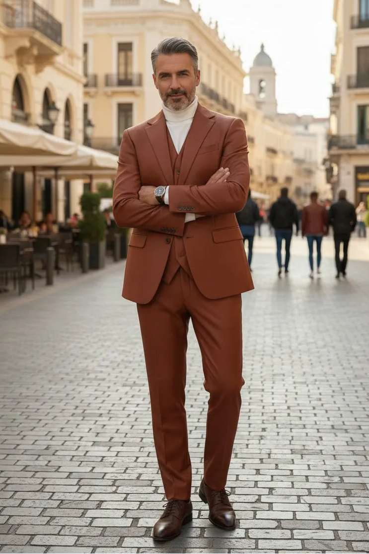 Men's Milano Rust Premium Leather 3 Piece Suit