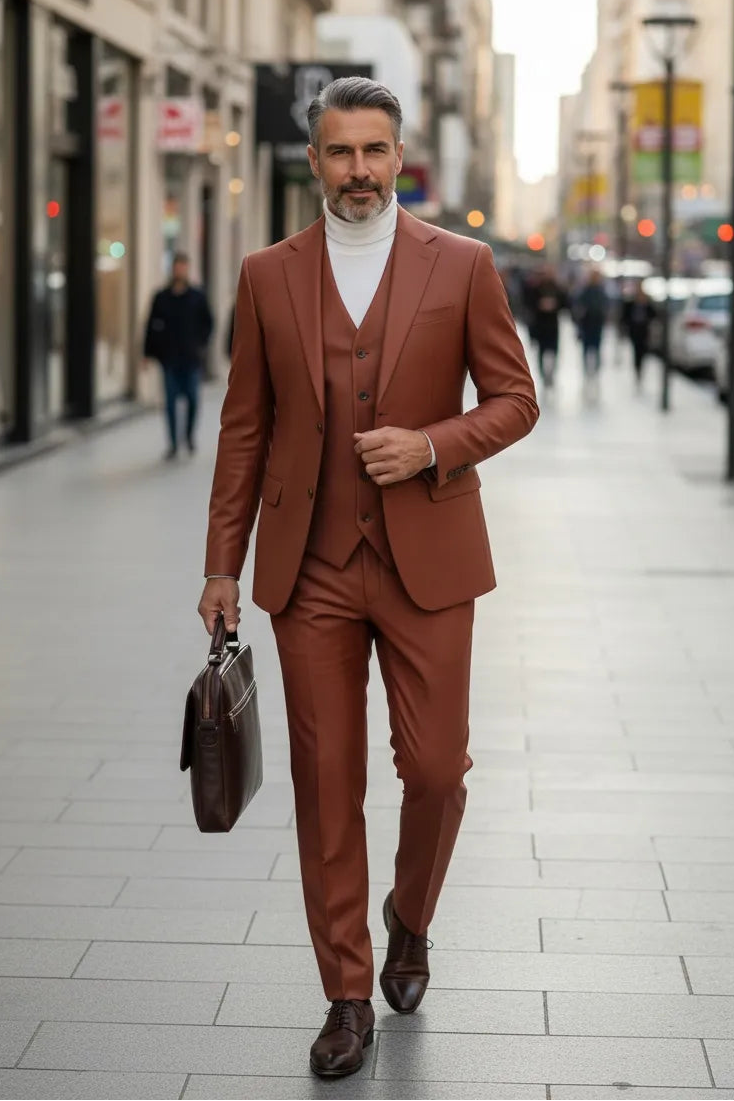 Men's Milano Rust Premium Leather 3 Piece Suit