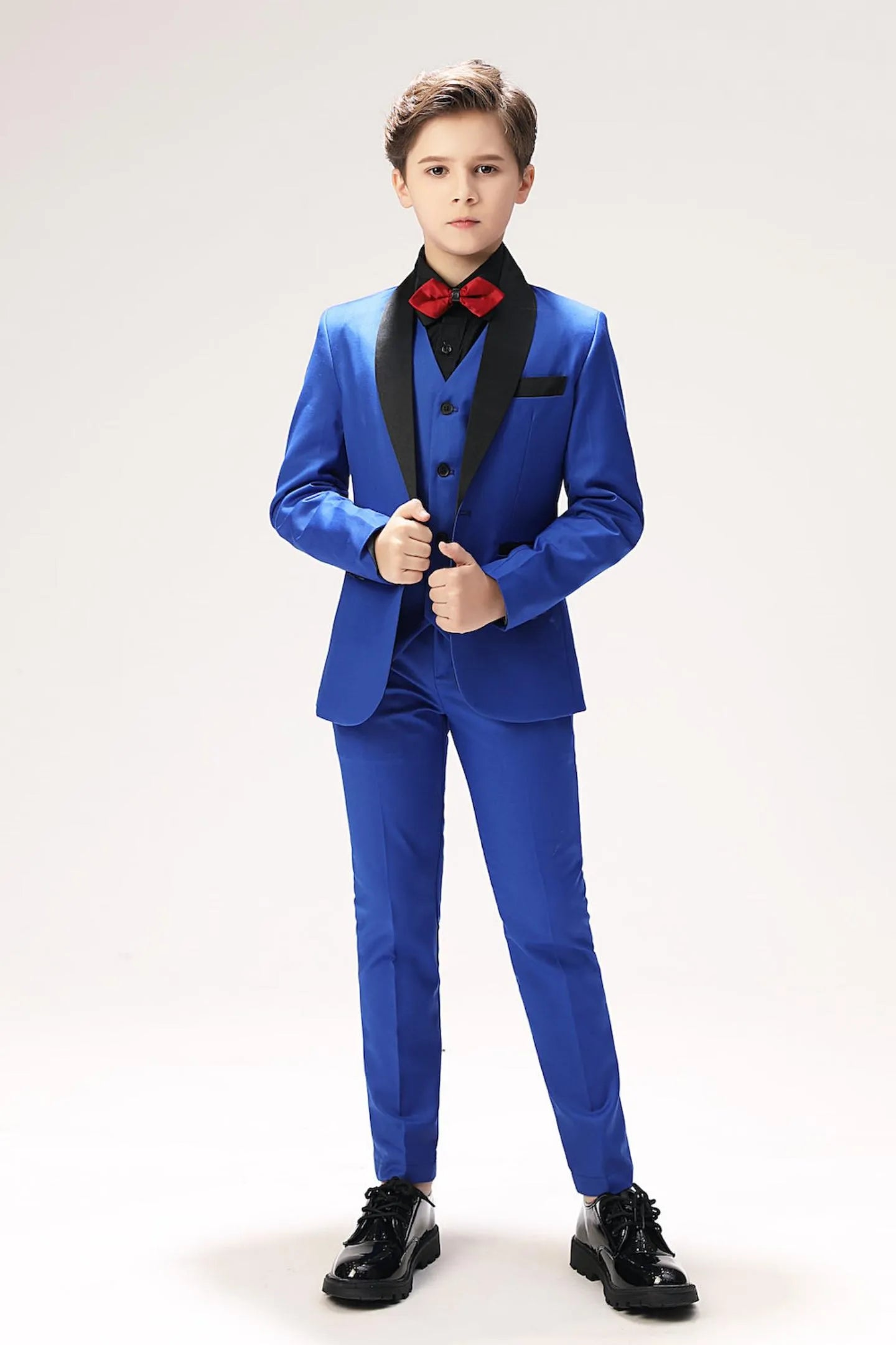Wehilion holiday boys suit 5-piece in blue with black accents and red bow tie for special occasions