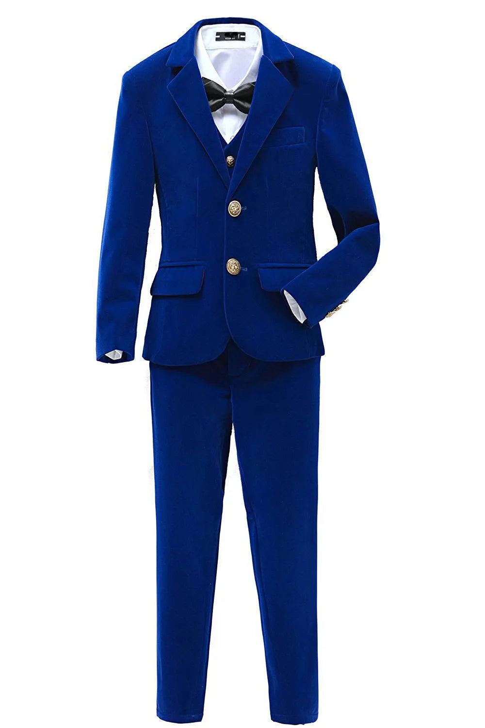 Full royal blue velvet suit for boys laid flat – includes jacket, vest, shirt, trousers, and bow tie