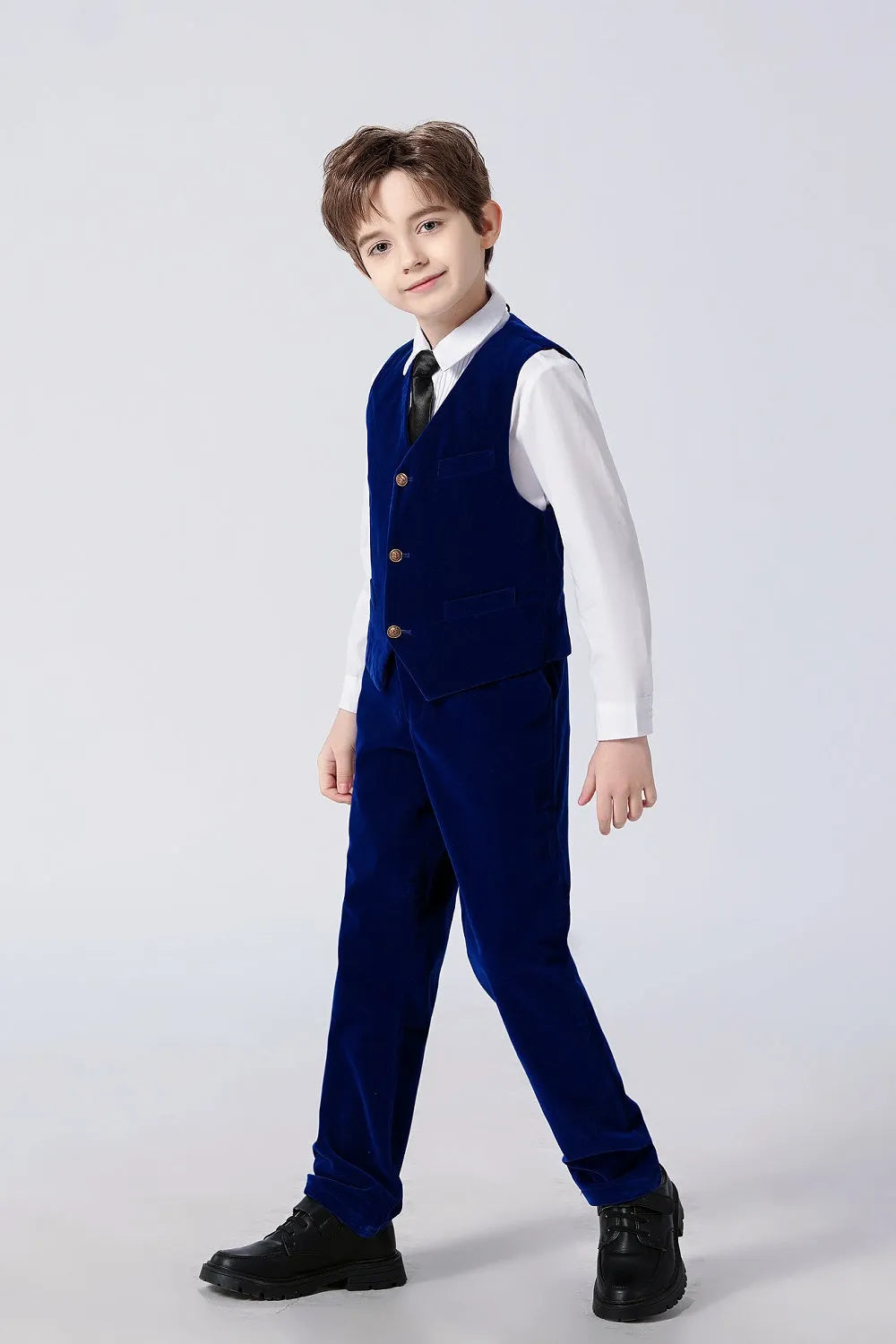 Toddler boys' velvet tuxedo in royal blue with gold buttons – elegant ring bearer outfit and black tie