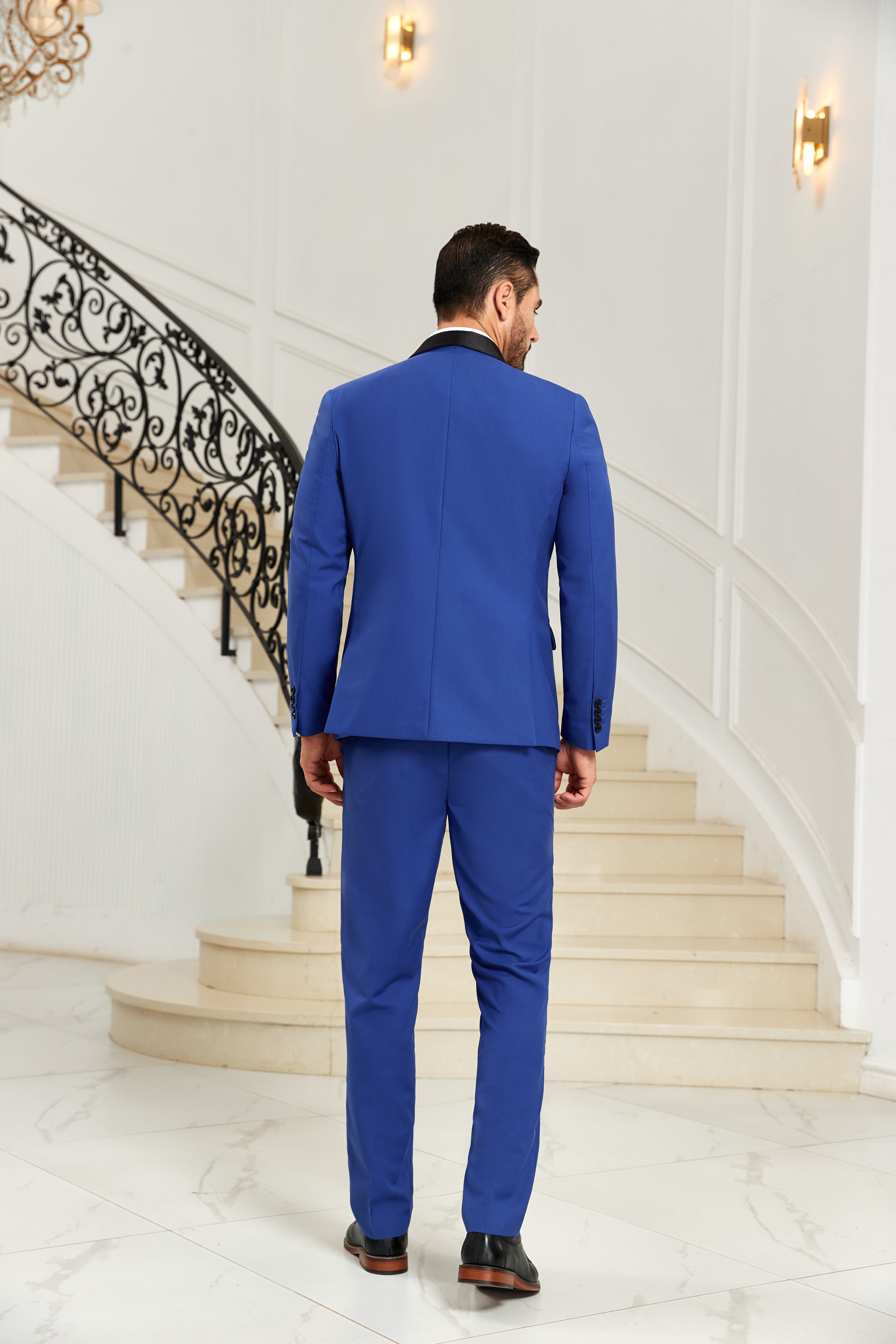 Back view of royal blue two-piece suit jacket and pants – formal slim fit cut