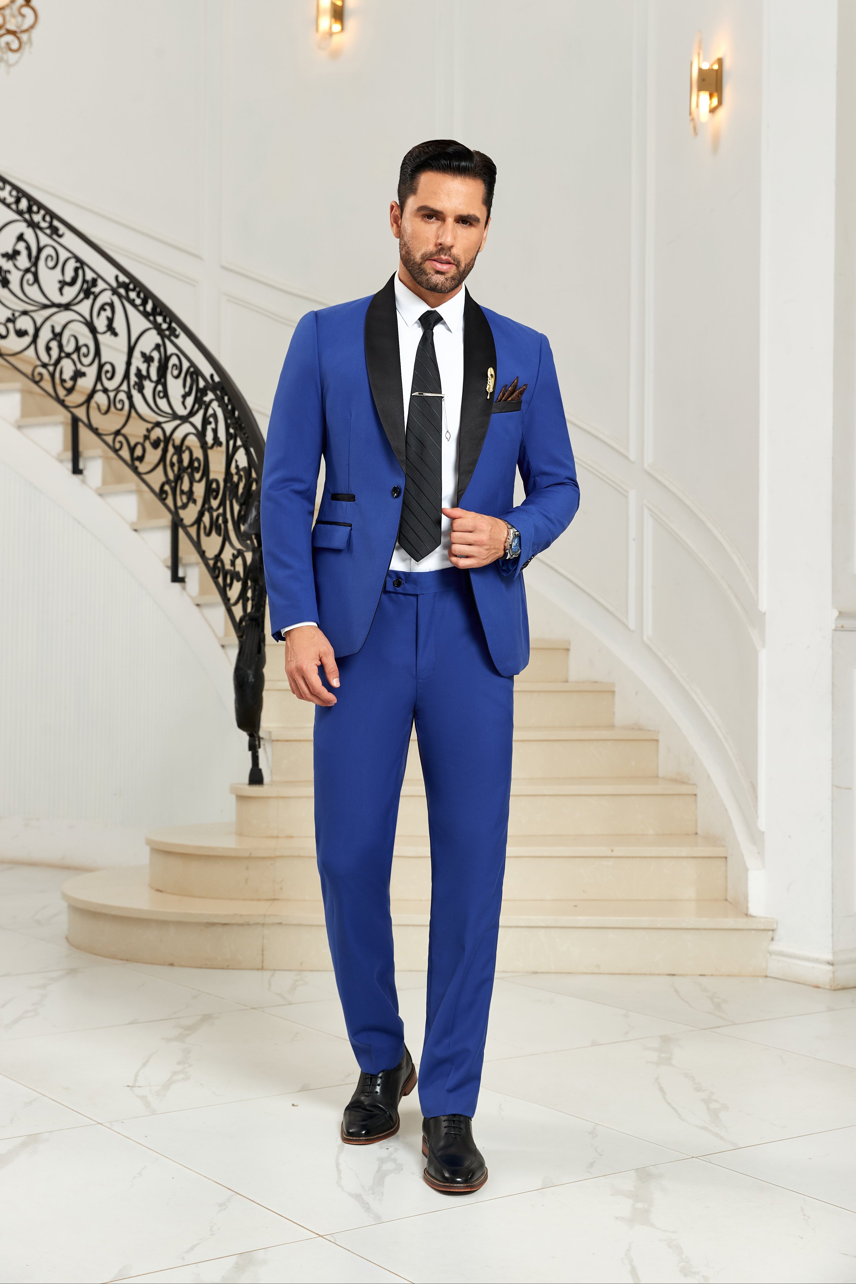 Royal blue tuxedo jacket with black satin lapel – sleek two-piece suit for prom