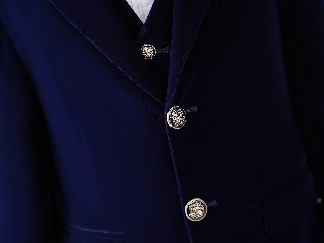 Close-up of gold lion buttons on navy velvet blazer – regal formal boy’s jacket details