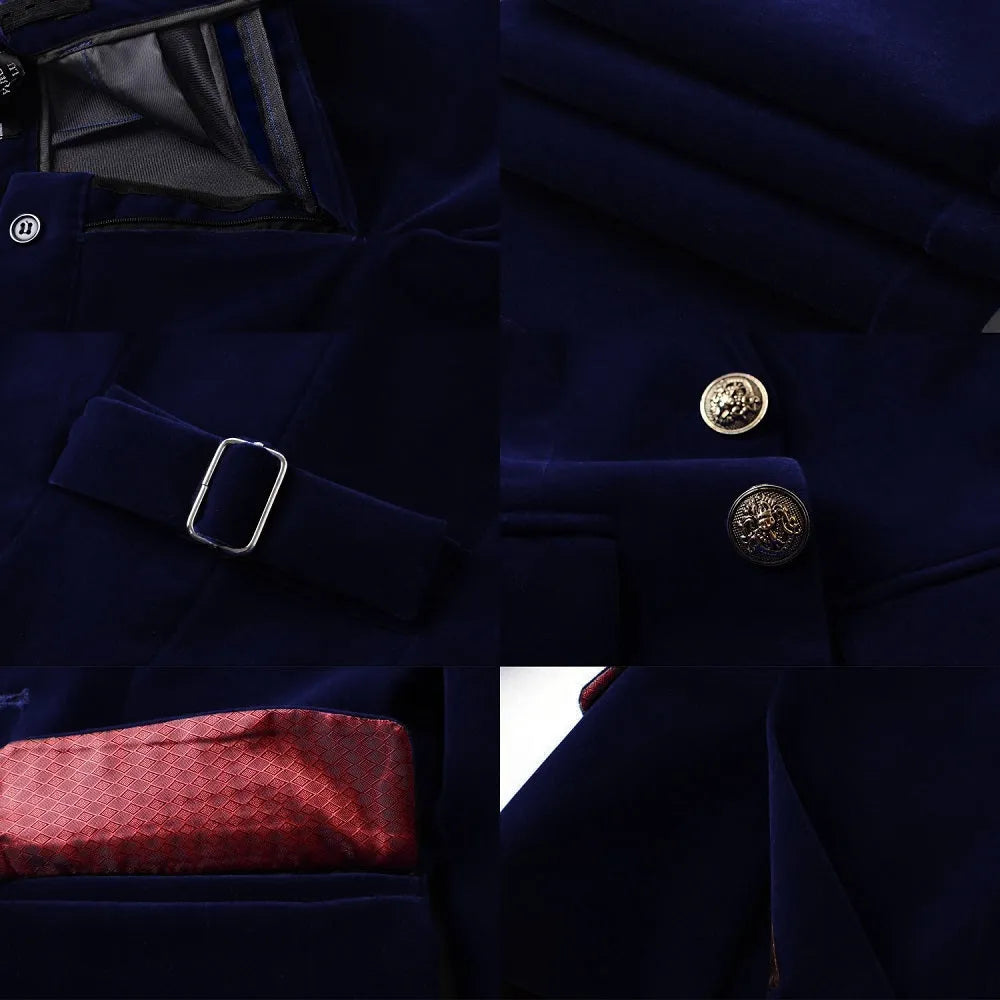 Montage of details: waistband, vest buckle, lining, buttons – navy velvet 5-piece boy's suit