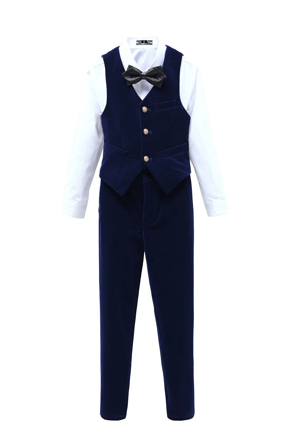 Navy velvet 5-piece boy’s suit with bow tie and vest – formal outfit for weddings or events