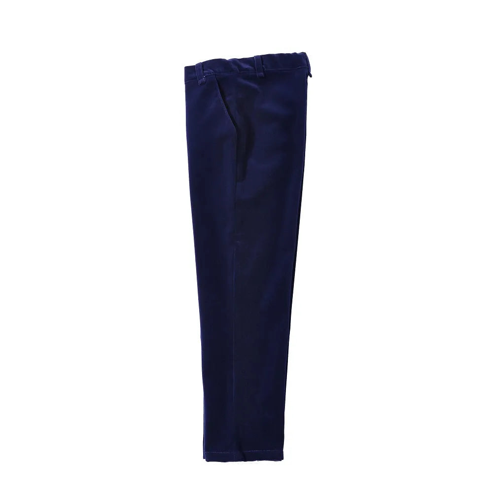 Full-length view of navy velvet pants – tailored fit boys' formalwear trousers