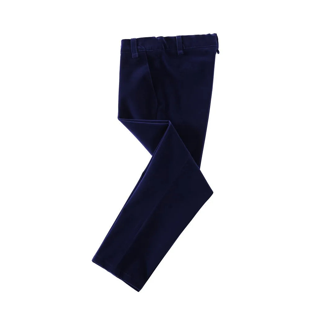 Folded navy velvet trousers for boys – soft texture and slim leg cut for formal occasions
