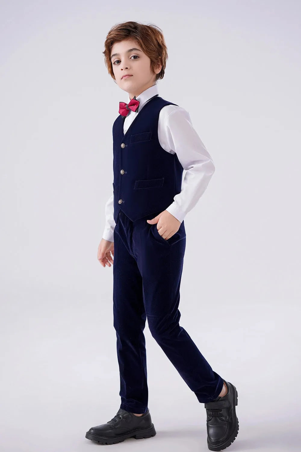 Boys' formal suit in navy velvet – one-button blazer and vest combo with bow tie