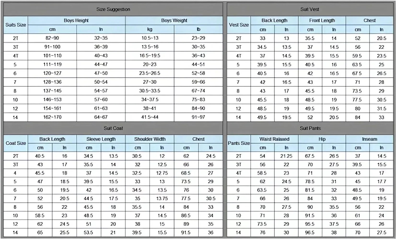 Navy velvet boys’ 5-piece suit size chart with height, weight, chest, sleeve, vest, and pants measurements in cm and inches