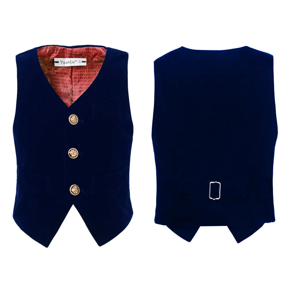 Velvet vest front and back view in navy – part of 5-piece boy’s suit set