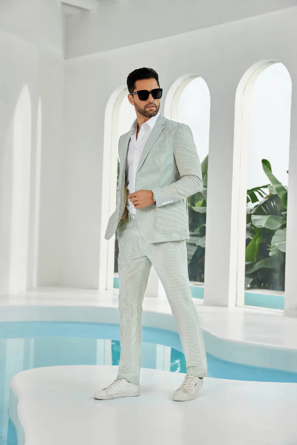Sage green-white seersucker striped blazer pants 2 piece men's summer suit upgrade version side display